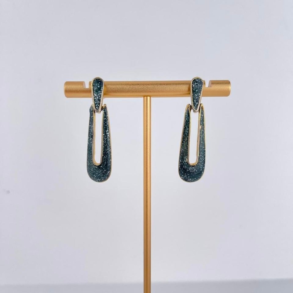 VTG Art Deco Holiday Glitter Dangle Earrings in Dark Green +‎ Gold Tone